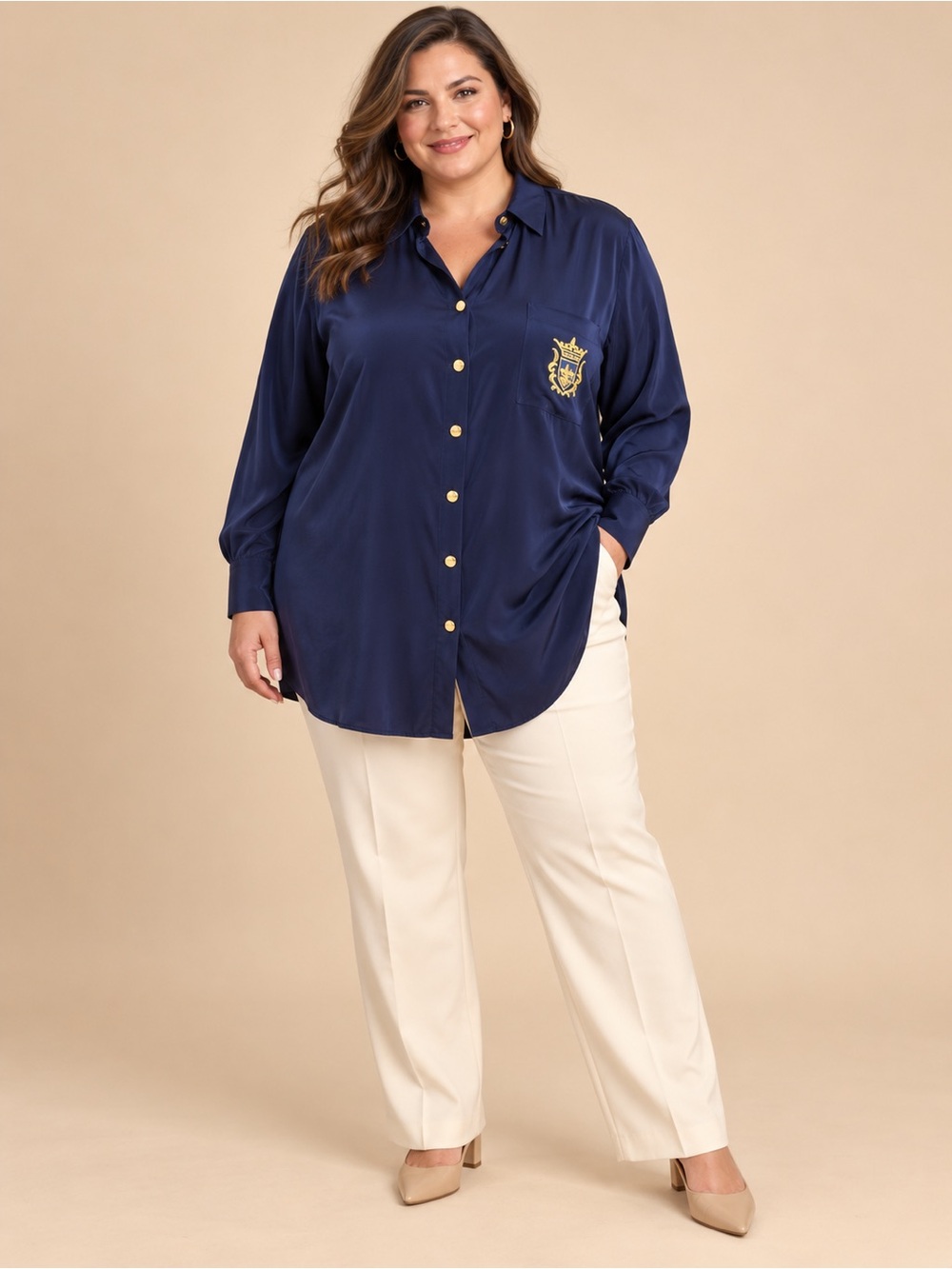 Navy Silk Button-Front Shirt with Gold Crest Detail